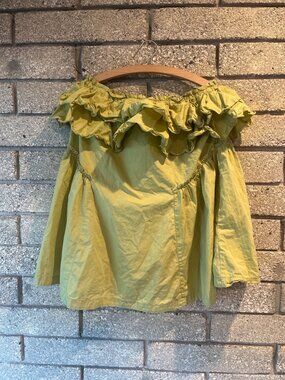 Off-Shoulder Olive Green Top With Ruffle Details & Pockets Elastic Smocked Waist
